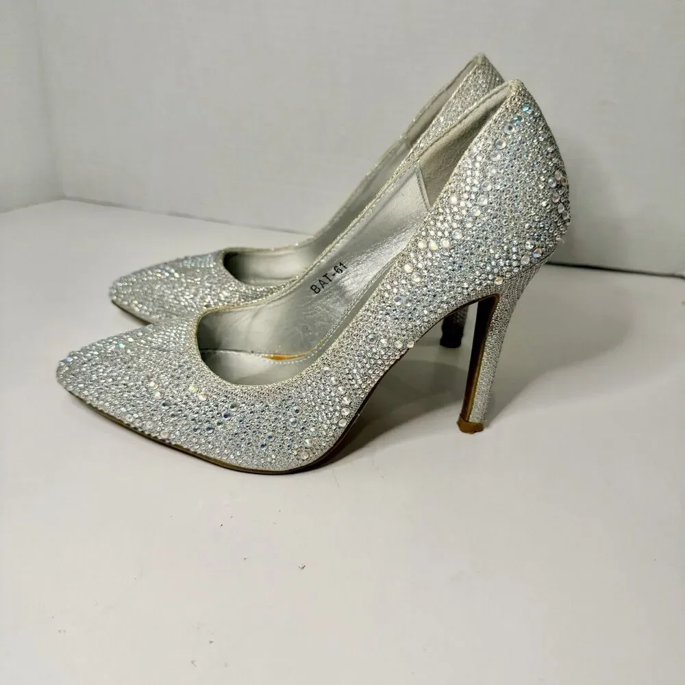 Silver Rhinestone Pointed Toe Stiletto Heels Bridal Wedding Glam US 6 Top Moda